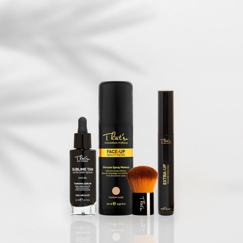 That'so Glow Drops Kit (4 Προϊόντα) Ενυδατικές Σταγόνες Self tan Υψηλής Ποιότητας με DHA & Face Up Καινοτόμο Make up Σπρέι - Extra Dark Nude & HD Face Brush Πινέλο Μακιγιάζ Kabuki & Extra-Up Αδιάβροχη Βίγκαν Cruelty Free Μάσκαρα